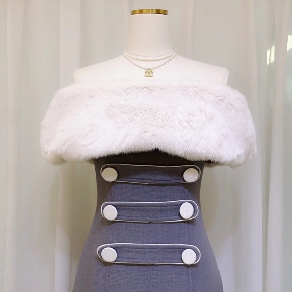 🎉On Sale Off shoulder dress detachable faux fur shawl for versatile styling - Picture 7 of 16